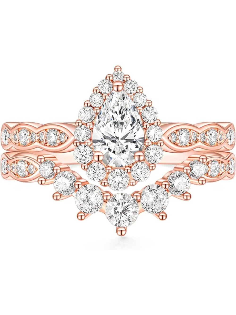 Teardrop Halo Vintage Bridal Ring Set, Cubic Zirconia Engagement & Wedding Band